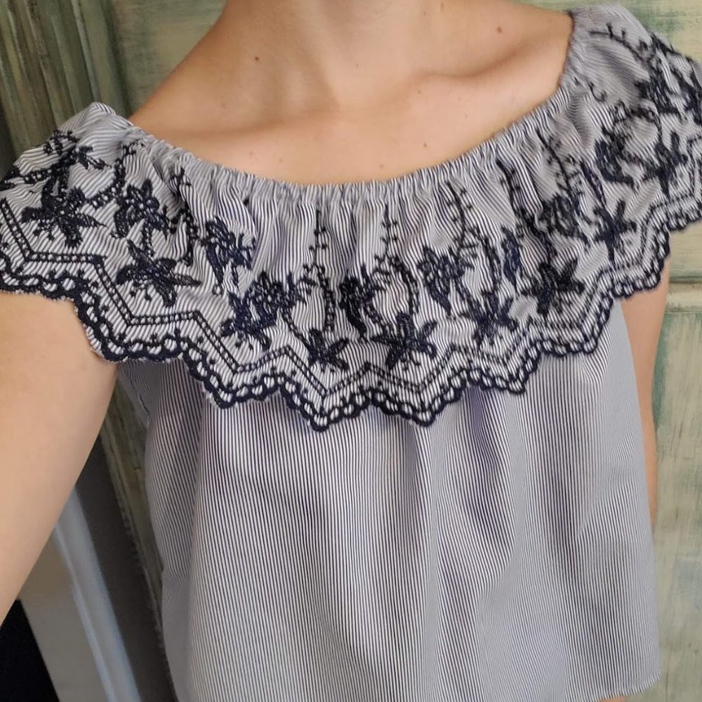 Blue Off the Shoulder Ruffle Top